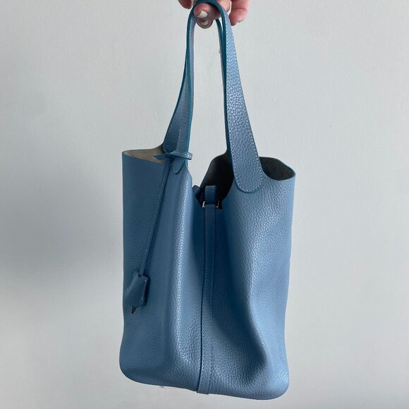 Light Blue Pebbled Leather Bucket Bag Lock Clemence Taurillon Picotin Bag - Picture 2 of 8